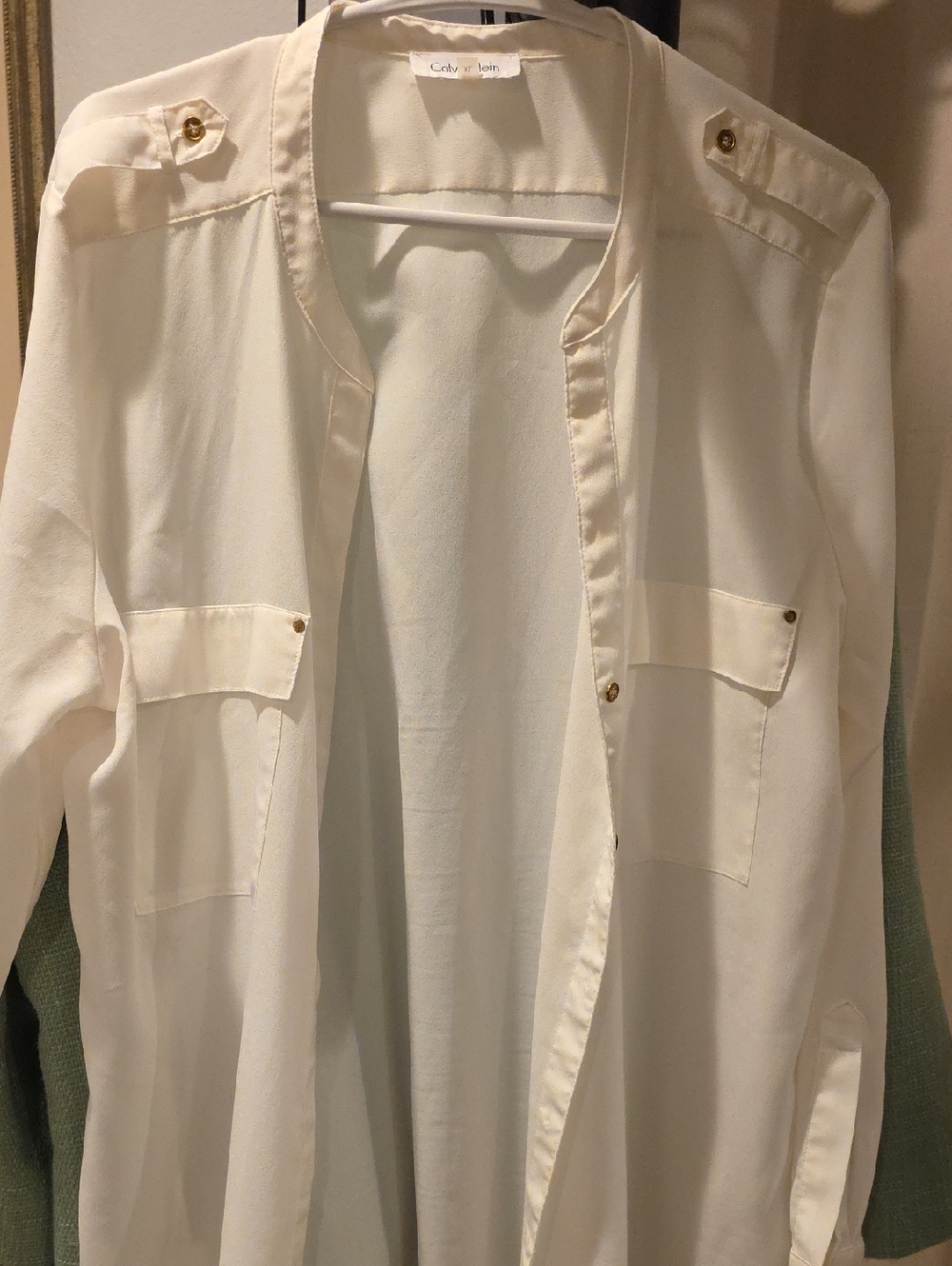 CALVIN KLEIN Cream Open-Front Utility Shirt Jacket with Gold Buttons